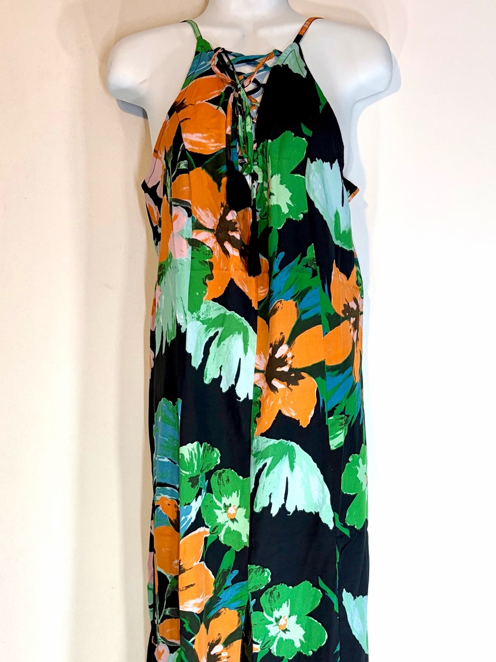Raga Medium Floral Lace-Up Halter Maxi Dress Medium Black Orange Green tropical